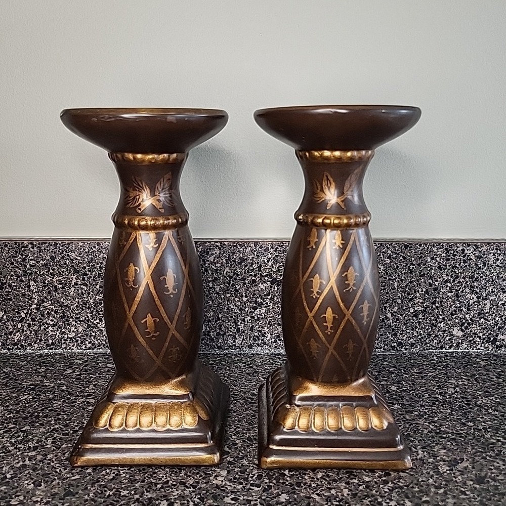 Ceramic Candle Holders Gold Brown 8.25"‎ Tall Square Bottom Round Top
